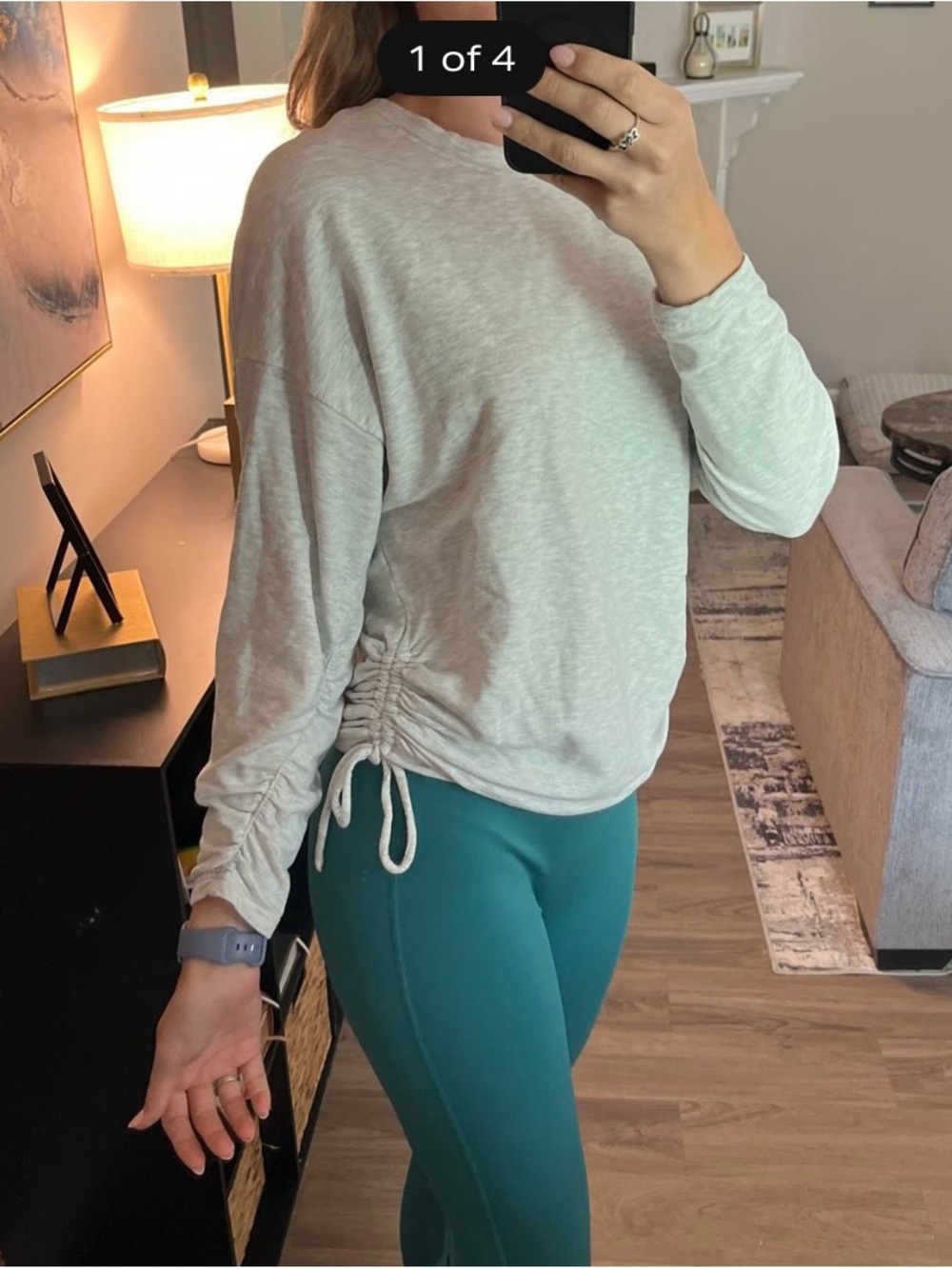 Athleta Light Gray Ruched-Side Long Sleeve Top